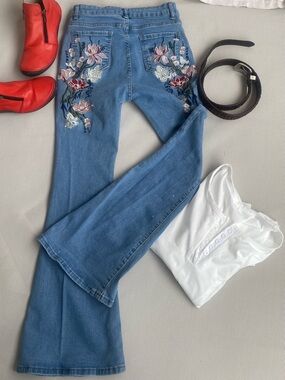 Embroidered Floral Flare Jeans Boho Festival Y2K